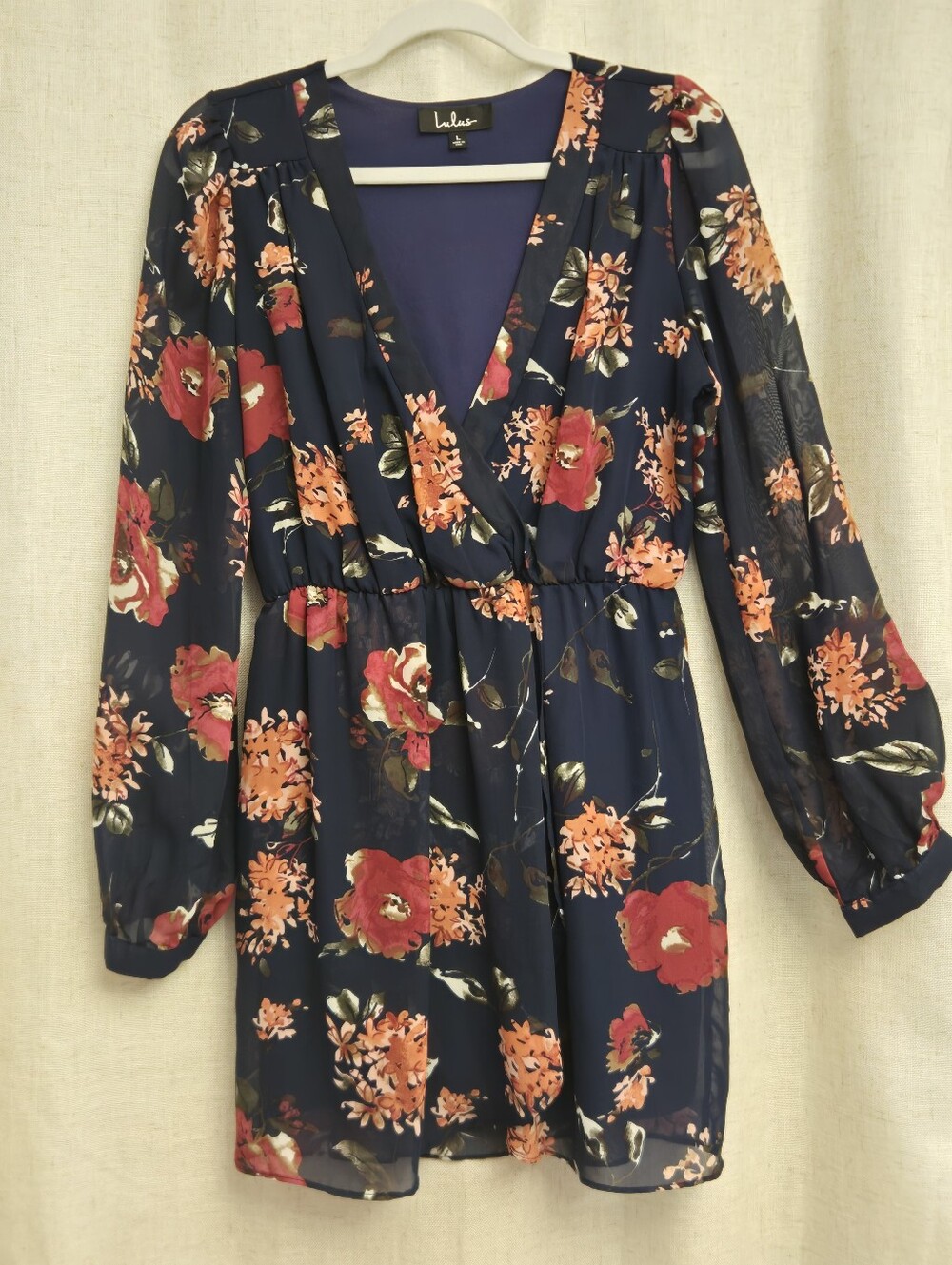 Lulus Navy Dark Floral Faux Wrap Long Sleeve Mini Dress L